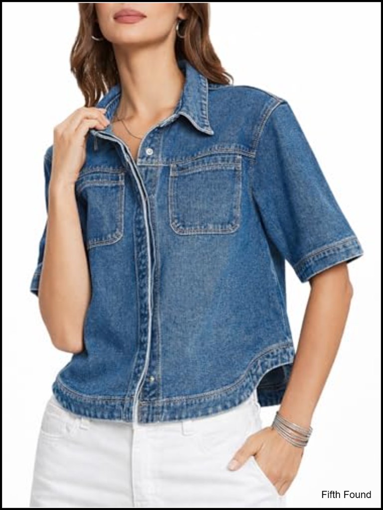 Women's Denim Shirt Short Sleeve Button Down Casual Jacket Shacket Cotton Blend